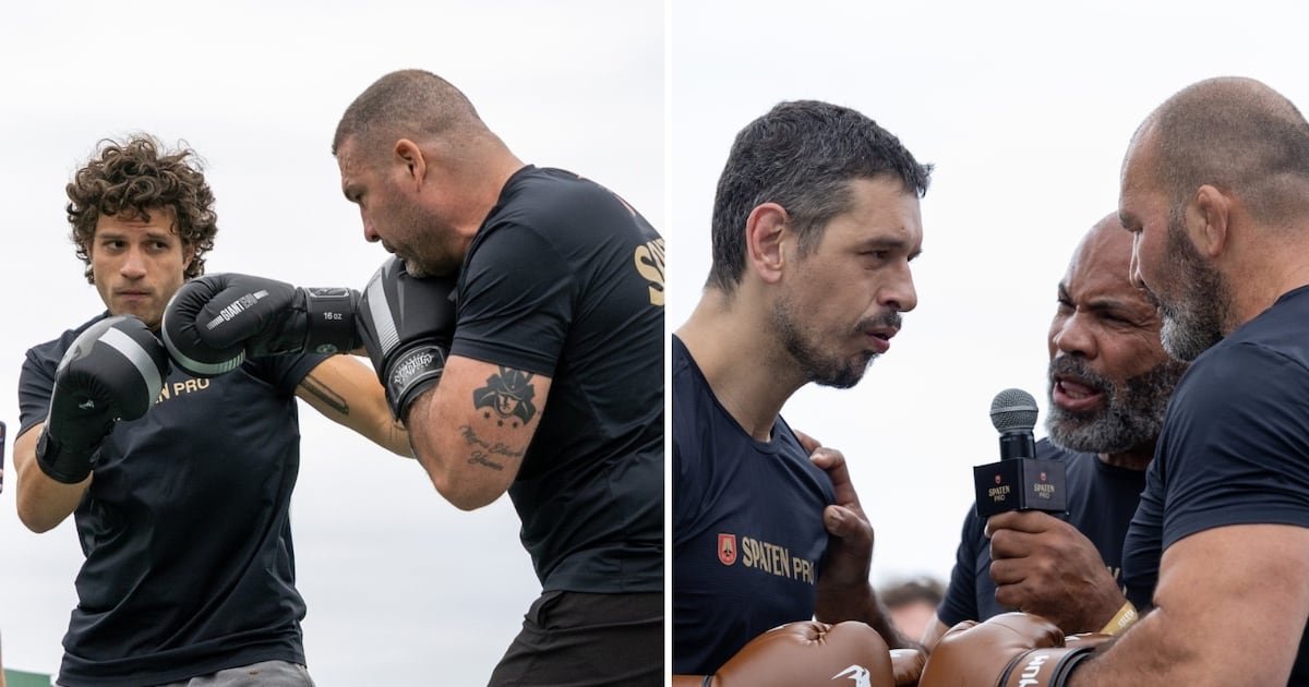 Chay Suede e João Vicente participam de treino de lutas na praia do Arpoador no Rio